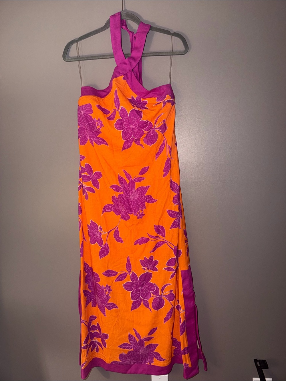 entro Orange Maxi Dress with Purple Floral Print size small new with tags